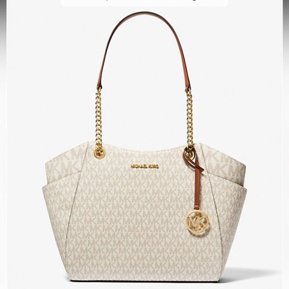 NWT Michael Kors Jet Set Large Signature Logo Shoulder Bag Color Vanilla